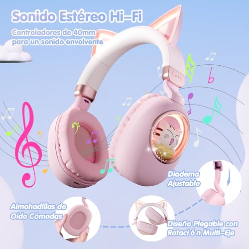 Kids Headphones Bluetooth 5.4 - Cat Ear LED Light Up Noise Cancelling Wireless Headphones with Mic, 85dB Volume Limited, Wired & Wireless Mode for Travel/School/iPad