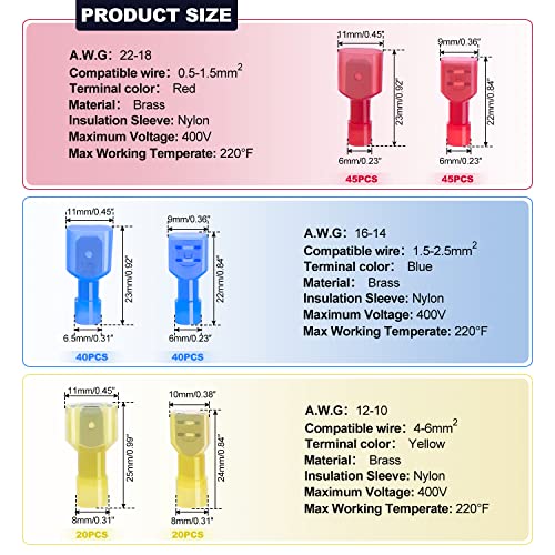 Twidec/210PCS Nylon Spade Connectors Kit 22-10 Gauge Male and Female Wire Spade Terminal Quick Disconnect Fully Insulated Wire Crimp Connector for Automotive Marine - color: Multicoloured Nylon 210PCS