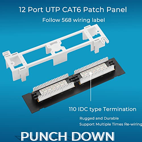 Rapink Patch Panel 12 Port Cat6 10G Support, Network Patch Panel UTP 10-Inch, Wallmount 1U Ethernet Patch Panel Punch Down Block for Cat6, Cat5e, Cat5 Cabling - size: 12Port