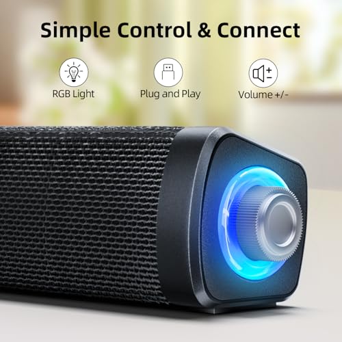 Uakinat USB Computer Speakers,Computer Speakers with 3.5 mm aux,Wired USB Powered & Colorful LED Lights with Switch Button,Surround Sound Portable SoundBar for Monitor Laptop Phone(Black)