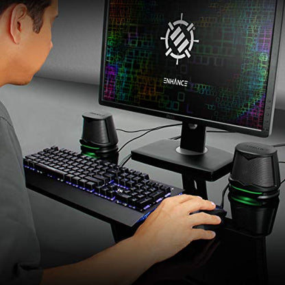 ENHANCE SB2 USB Computer Speakers, 2.0 Stereo with Green LED Lighting, 10W Peak High Excursion Drivers, 3.5 mm Aux, in Line Volume and Light Switch, PC Laptop Desktop - color: Green