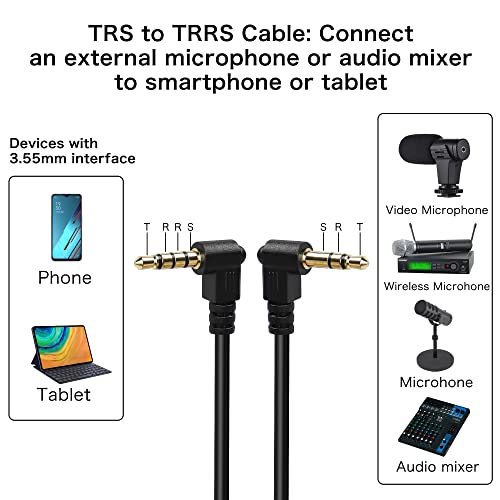 YACSEJAO 3.5mm TRS to TRRS Microphone Cable Coiled 90 Degrees 1/8" Male to Male Coiled Right Angle Mic Cord for Recording Microphones
