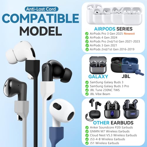 Mooyavia Ultra Strong Magnetic Anti-Lost Strap for AirPods Pro, 5 Pack | Compatible with AirPods Pro 3/2/1 & AirPods 4/3/2/1,Soft Silicone Sport Neck Lanyard,with 1 Pairs Anti Lost Earhook - color: A4-black+white+red+grey+blue