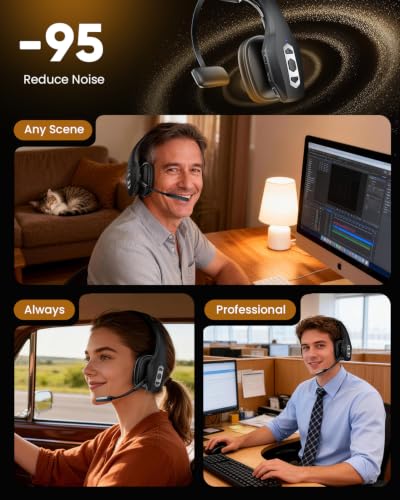 Trucker Bluetooth Headset with Charging Base, Wireless Hands-Free Headset with Noise Canceling Mic & Mute Button, 56Hrs Working Time PC Headsets for Cell Phones, Computer, Truck Driver - color: BLACK