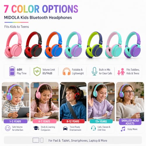 Kids Bluetooth Headphones Wireless 68 Hours,Safe Volume Limit 85/94dB Pink | Adjustable Headband Foldable Over-Ear Lightweight Headsets for Toddler Girls Boys Tablet/iPad,HD Stereo,Built-in Mic - color: Pink
