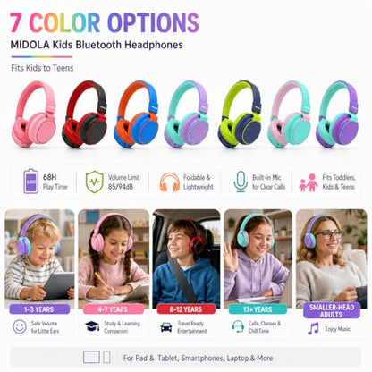 Kids Bluetooth Headphones Wireless 68 Hours,Safe Volume Limit 85/94dB Pink | Adjustable Headband Foldable Over-Ear Lightweight Headsets for Toddler Girls Boys Tablet/iPad,HD Stereo,Built-in Mic - color: Pink