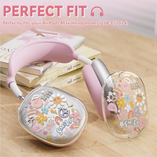 for Apple AirPods Max,Clear Flower Soft TPU Case for Women Girly,Pink | Ear Pad Case Cover/Ear Cups Cover/Headband Cover for AirPods Max Headphones (2024/2020)Transparent AirPod Max (USB-C) - color: Smile doodle