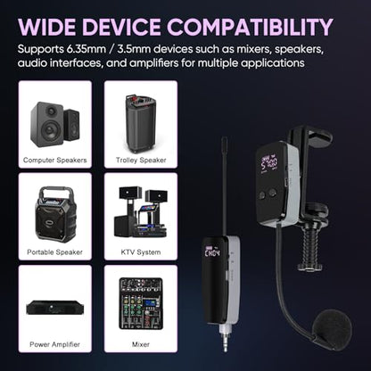 UHF Wireless Violin Microphone System, Rechargeable Clip-on Instrument Microphones with Transmitter and Receiver for Musicians, Teachers, Stage Performances, Active PA Systems - 98ft Range
