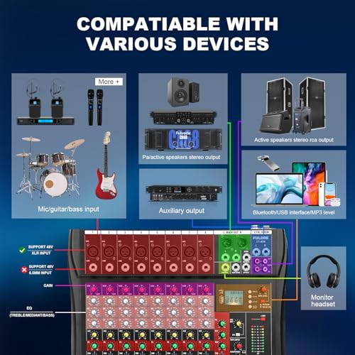 8 Channel Audio Mixer, Professional Music Mixer Board DJ Mixing Console with Bluetooth, USB/MP3 Player, Reverb, and 48V Phantom Power for Studio Recording, Karaoke, and Live Performances