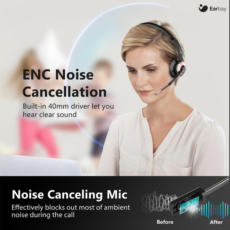 Wireless Headset, Bluetooth Headset with Microphone Noise Canceling & USB Dongle, Wireless Headphones with Mic Mute & Charging Dock for PC Computer Cell Phone Remote Work Office Zoom Meetings Call