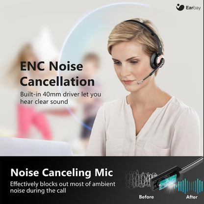 Wireless Headset, Bluetooth Headset with Microphone Noise Canceling & USB Dongle, Wireless Headphones with Mic Mute & Charging Dock for PC Computer Cell Phone Remote Work Office Zoom Meetings Call