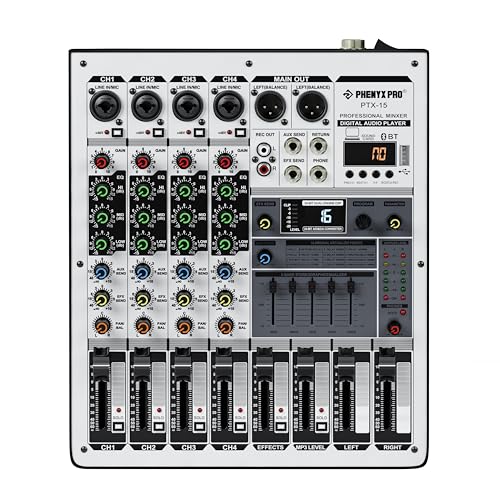 Professional Audio Mixer, Phenyx Pro Sound Console w/USB Audio Interface, 4-Channel Sound board DJ Mixer w/Stereo Equalizer, 16 DSP Effects, suitable for Stage, Live Gigs, and Karaoke (PTX-15)