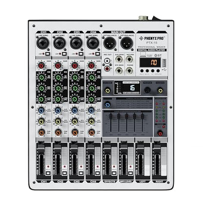 Professional Audio Mixer, Phenyx Pro Sound Console w/USB Audio Interface, 4-Channel Sound board DJ Mixer w/Stereo Equalizer, 16 DSP Effects, suitable for Stage, Live Gigs, and Karaoke (PTX-15)