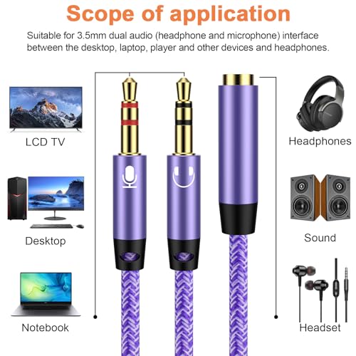 ABCPOW Headphone Mic Splitter for Computer PC Laptop, 3.5mm Female to 2 Dual Male Microphone Y Splitter Cord Aux Splitter 1 in 2 Out Audio Stereo Jack Earphones Port Cord Gaming Headset Adapter