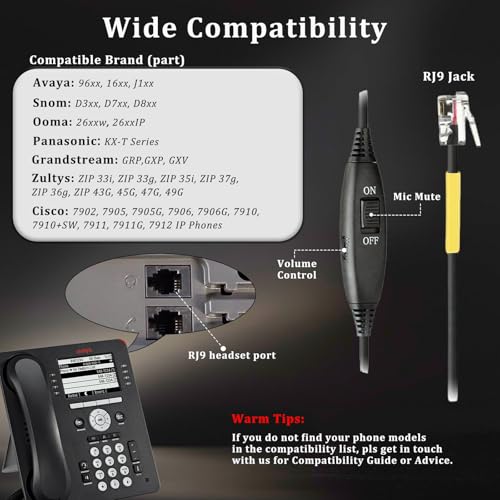 Callez Telephone Headset for Grandstream Avaya Panasonic Snom Ooma Phones | RJ9 Phone Headset with Noise Cancelling Mic, Volume Controls, Work for Grandstream GXP2135 2170 Avaya 1608 1616 Office Phones - color: Silver