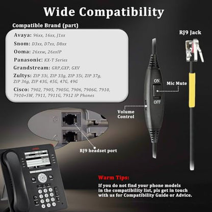 Callez Telephone Headset for Grandstream Avaya Panasonic Snom Ooma Phones | RJ9 Phone Headset with Noise Cancelling Mic, Volume Controls, Work for Grandstream GXP2135 2170 Avaya 1608 1616 Office Phones - color: Silver