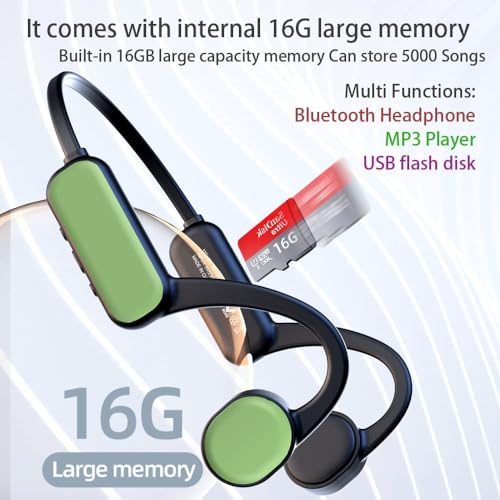 IHAO Swimming Headphones True Bone Conduction Open Ear Headset MP3 Player Built-in 16G Memory IP68 Underwater Waterproof Stereo Bluetooth Earphone for Driving Bicycling Running Skiing-Green - color: Green IHX18