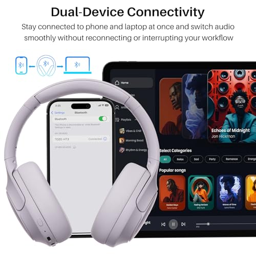 TOZO HT3 Hybrid Noise Cancelling Wireless Headphones, 90H Over Ear Headset | Hi Res Audio, AI Voice Assistant, Dual Device Connection, 32 Custom EQs, Built In 5 Mics, ANC, Foldable with Case - color: Purple