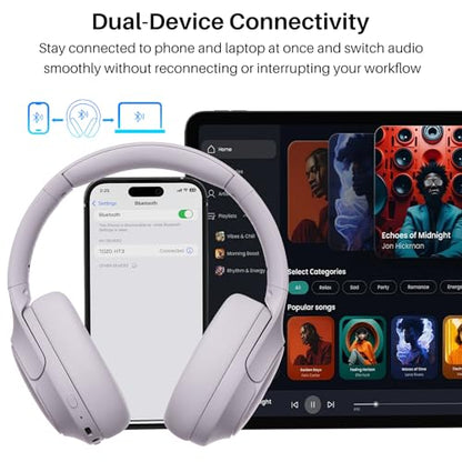 TOZO HT3 Hybrid Noise Cancelling Wireless Headphones, 90H Over Ear Headset | Hi Res Audio, AI Voice Assistant, Dual Device Connection, 32 Custom EQs, Built In 5 Mics, ANC, Foldable with Case - color: Purple