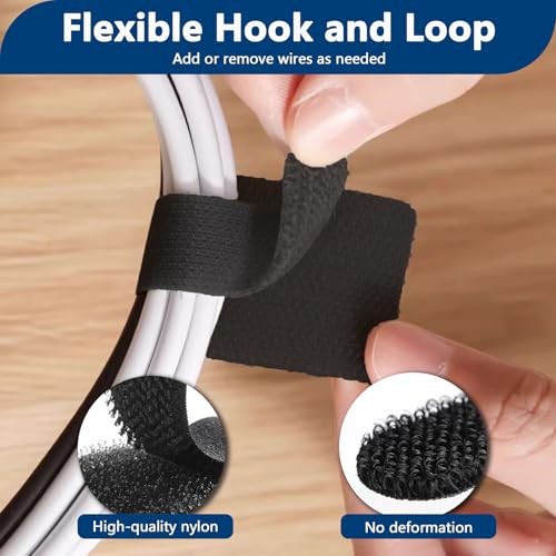 Abnii 50 PCS Hook and Loop Cable Ties, Under Desk Cable Management, Black - color: Black