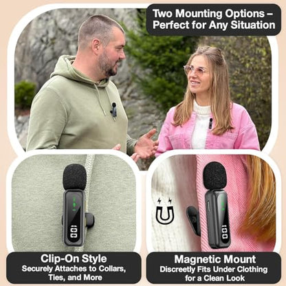 Wireless Lavalier Microphone for iPhone, Android, DSLR – Dual Clip-on Mics with Magnetic Clip, Plug & Play, Noise Reduction - style: Dual Wireless