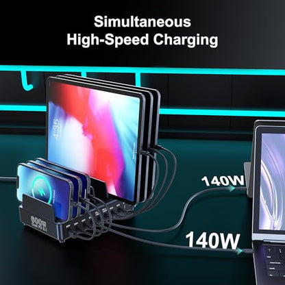 600W USB C Charging Station with Charging Stand (Black) | GaN Tech 10-Port PD3.1 140W QC60W Multiple Devices Charger Organizer for MacBook Laptop, iPad, iPhone and More