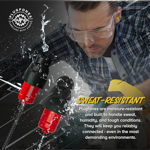 Plugfones Protector Volume Limited Audio Earbuds, OSHA Compliant Earplugs with Sound, Black & Red - color: Black & Red