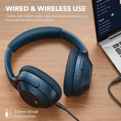 Bluetooth 6.0 Active Noise Cancelling Headphones for Airplane Travel, LDAC Hi-Res Audio, 90H Playtime Wired and Wireless ANC Headphones, Over Ear Headset for Home Office, Custom EQ via APP, Blue | LDAC Hi-Res Audio, 90H Playtime Wired and Wireless ANC Hea