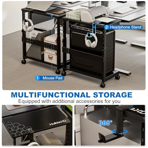 Height Adjustable Computer Tower Stand, 2-Tier ATX-Case CPU Holder with Mouse Pad & Headphone Stand, Mobile PC Standing Under Desk, Home Office Gaming Accessories, Computer Cart Wheels, Black - color: Black