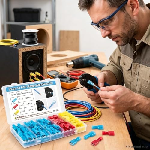 90PCS Female Spade Connector Kit, Nylon Spade Wire Terminal Connectors for 12-10, 16-14, 22-16 AWG Wire, Quick Disconnect Fully Insulated Crimp Terminals for Auto, Speaker and Stereo Wiring