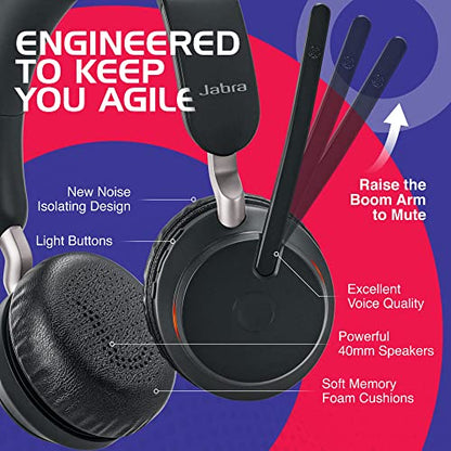 Jabra Evolve2 65 Wireless Headset USB Stereo MS w/Stand, Bluetooth Dongle, Compatible with Zoom, Webex, Skype, Smartphones, Tablets, PC/MAC, 26599-999-989, Global Teck Gold Support Plan Included - color: USB-A (Black), style: Evolve2 65 STEREO-STAND