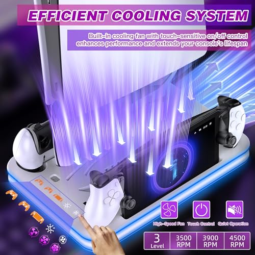 Aurassense PS5 Charging Dock, Cooling Stand with Dual Controller Charger | Compatible with PS5, PS5 Slim and PS5 Pro, featuring cooling fan, dual controller charging and headset storage - color: White