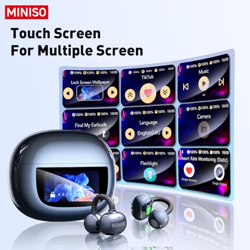 MINISO Clip On Earbuds Open Ear Earbuds Wireless Bluetooth 5.4 Headphones Heart Rate Monitor, Noise Cancelling, IPX5, LCD Full Color Touch Screen, Sports Ear Buds wiht mic Secure Fit for Small Ears