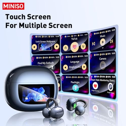 MINISO Clip On Earbuds Open Ear Earbuds Wireless Bluetooth 5.4 Headphones Heart Rate Monitor, Noise Cancelling, IPX5, LCD Full Color Touch Screen, Sports Ear Buds wiht mic Secure Fit for Small Ears