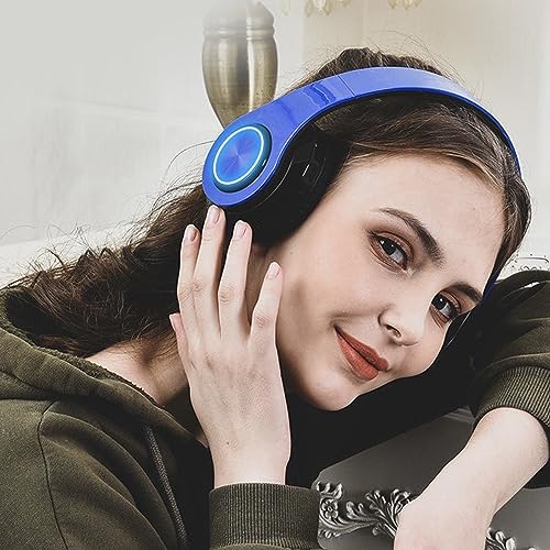LED Bluetooth Over-Ear Headphones Blue w/ Mic HiFi Foldable Wired Wireless | Colorful LED Over-Ear Bluetooth Headphones Blue, HiFi Stereo with Mic, Foldable Wired Wireless for Gaming Classroom Gift - color: Blue