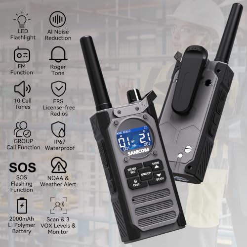 SAMCOM Commercial Walkie Talkies Long Range IP67 Waterproof Rugged Radio | AI Noise Reduction NOAA Weather FM Radio SOS Flashlight Group Repeater Capable Floats 2 Packs for Security School Church