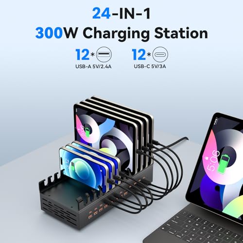 300W Charging Station for Multiple Devices, ALI SEA 24 Port USB C Fast Charging Station, Multi Device Charger Station Organizer Compatible with Cellphone, Tablet, Kindle, iPhone iPad and More