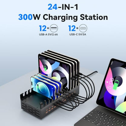 300W Charging Station for Multiple Devices, ALI SEA 24 Port USB C Fast Charging Station, Multi Device Charger Station Organizer Compatible with Cellphone, Tablet, Kindle, iPhone iPad and More