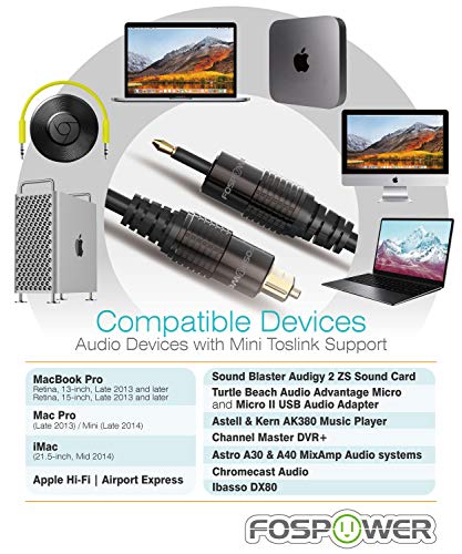 FosPower 24K Gold Plated Toslink to Mini Toslink Digital Fiber Optical S/PDIF Audio Cable with Metal Connectors & Strain-Relief PVC Jacket - 6ft | High-fidelity digital S/PDIF optical Toslink to Mini Toslink cable featuring 24K gold-plated connectors & PV