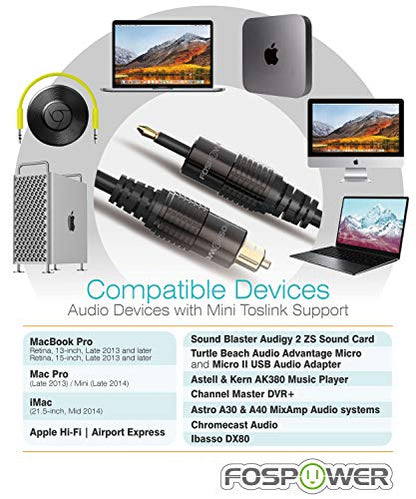 FosPower 24K Gold Plated Toslink to Mini Toslink Digital Fiber Optical S/PDIF Audio Cable with Metal Connectors & Strain-Relief PVC Jacket - 6ft | High-fidelity digital S/PDIF optical Toslink to Mini Toslink cable featuring 24K gold-plated connectors & PV