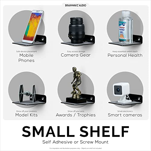 BRAINWAVZ 2-Pack 4” Small Floating Shelf Bluetooth Speaker Stand, Adhesive & Screw Wall Mount, Anti Slip, for Cameras, Baby Monitors, Webcam, Router & More, Universal Holder (SHELF11 Black) - color: Black