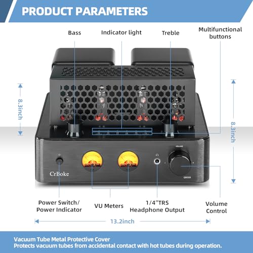 Tube Amplifier, Stereo Vacuum Tube Class A/B Amplifier,Integrated Amplifier with Bluetooth 5.0,Subwoofer Output, Headphone Output, Record Player Phono Preamp and USB DAC