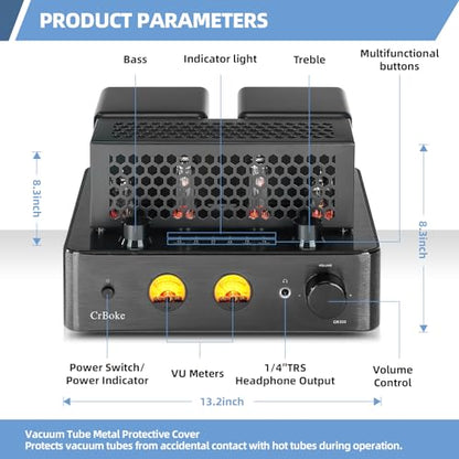 Tube Amplifier, Stereo Vacuum Tube Class A/B Amplifier,Integrated Amplifier with Bluetooth 5.0,Subwoofer Output, Headphone Output, Record Player Phono Preamp and USB DAC