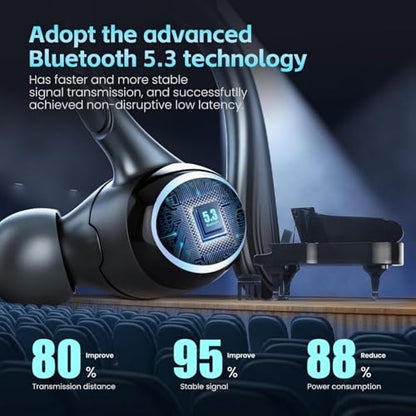 Wireless Earbuds Bluetooth 5.3 Headphones Stereo Ear Buds, ENC Noise Cancelling Mic,IPX7 Waterproof Earphones with Hook for Android iOS Smart Phone Laptop Computer Sports - Black