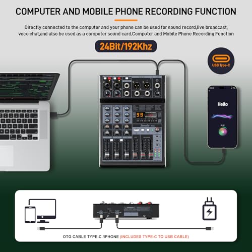 RM04 4Channel Audio Mixer Sound Board, Bluetooth Mixer USB Audio Interface, DJ Mixer with 2 XLR Combo Inputs, 24 Bit 192kHz Recording, Mixing Console for Podcast Live Streaming Home Studio - size: RM04 4-Channel Audio Mixer