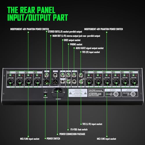 12-Channel Professional Audio Mixer, DK-12 Mixing Console with XLR Inputs, Bluetooth, 99 DSP Effects, MP3, USB Interface for Podcast, Music, Recording, PC 14.76"x1.96“x17.40"inches