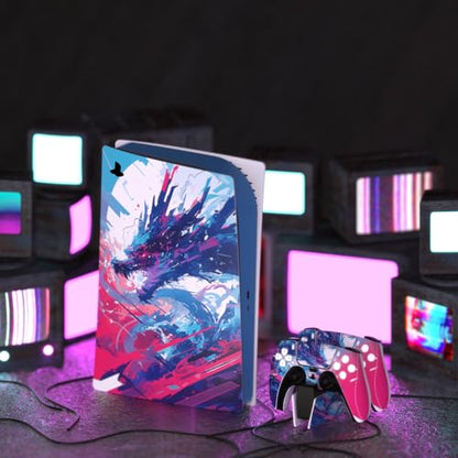 PlayVital Full Set Skin Decal for ps5 Console Digital Edition, Sticker Vinyl Decal Cover for ps5 Controller & Charging Station & Headset & Media Remote - Neon Dragoon - color: Neon Dragoon