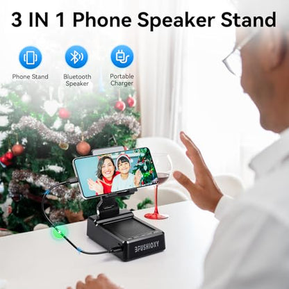 Birthday Gifts for Women Men, Foldable Adjustable Phone Stand with Bluetooth Speaker & 5000mAh Charger, HD Stereo Surround Sound Anti-Slip Holder for Home Office 1 Pack (Black) - size: L38