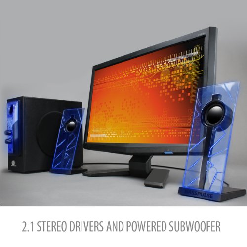 GOgroove BassPULSE 2.1 Computer Speakers with Blue LED Glow Lights and Powered Subwoofer - Gaming Speaker System for Music on Desktop, Laptop, PC with 40 Watts, Heavy Bass