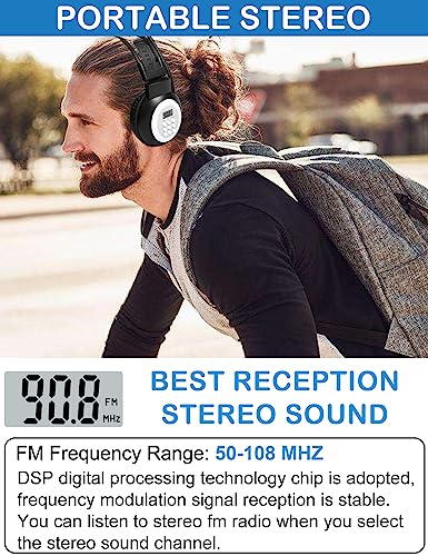 ZHIWHIS FM Portable Radio, Stereo Headsetwith LCD,Over Ear Foldable, Pocket Walkmen Conference Receiver, Small Wireless/Wired Headphones Operated by 2 AA Batteries for Walking/Running ZWS-308